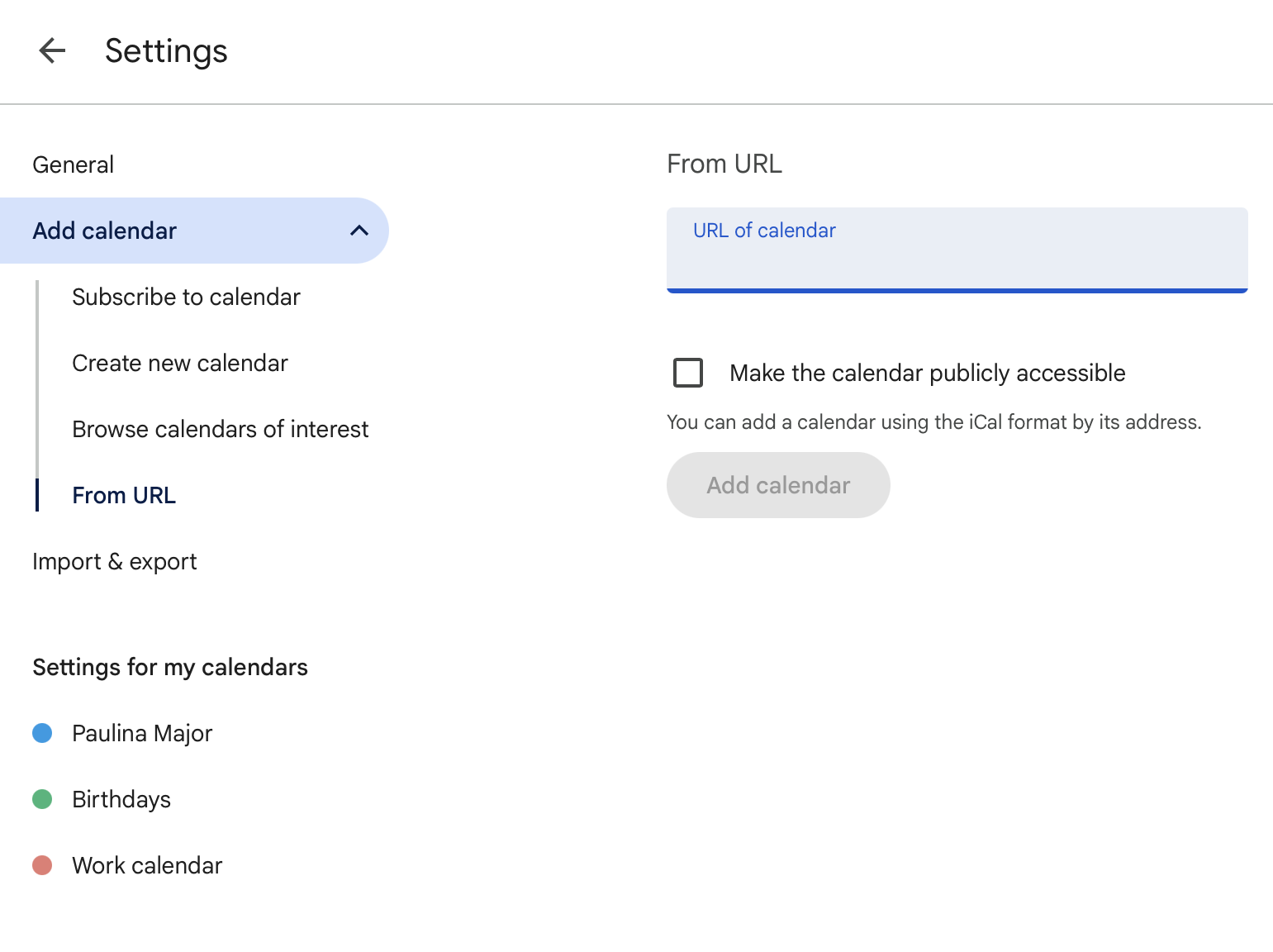 Google Calendar settings with From URL selected and the calendar URL field visible