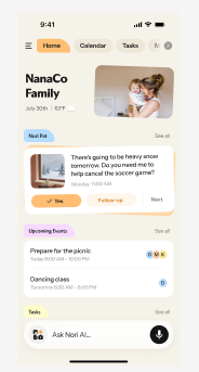 Nori home screen showing the family plan, upcoming events, tasks and Ask Nori AI