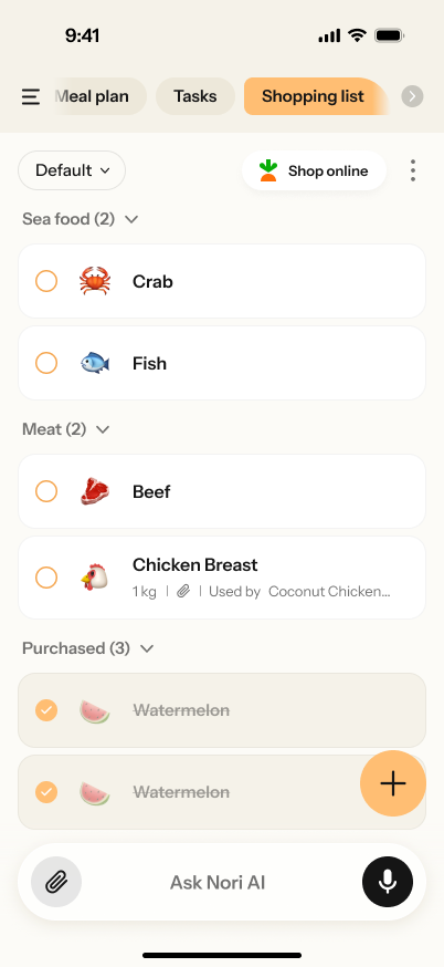 Nori shared shopping list with categorized grocery items